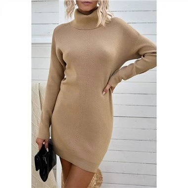 Vestido suéter de punto de cuello alto marrón